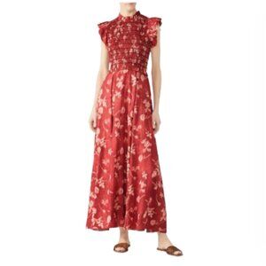SEA NY Merlot Monet Smocked Dress Womens 4 Red Cotton Midi Flutter Sleeve Cotton